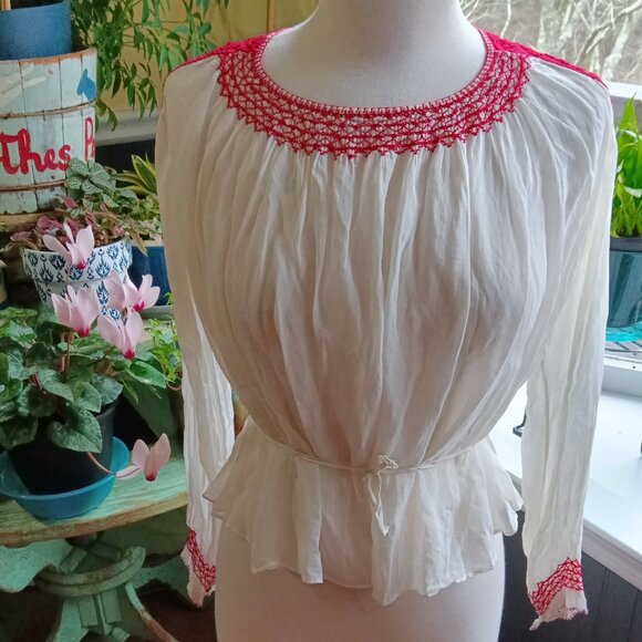 Antique Vintage 1920s Embroidered Romanian Peasant Blouse w/Waist Tie Size S/M - Picture 1 of 7